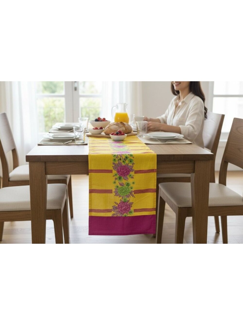 Yellow & Pink Floral Table Runner With Embroidered Edges - 100% Cotton - 60 Inch